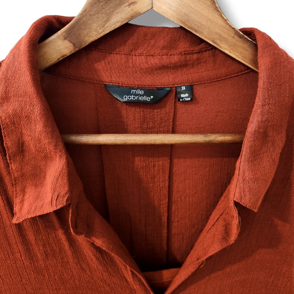 Mlle Gabrielle Burnt Orange Swing Button-Down Shirt Dress | 3X - Picture 3 of 9